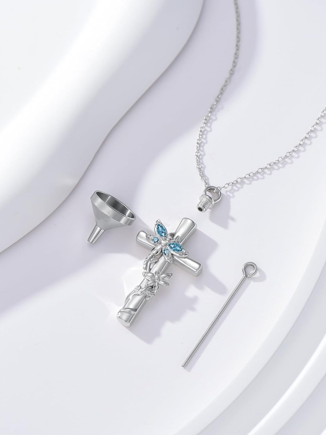 Dragonfly Cross Urn Necklaces for Ashes Women White Gold Plated S925 Sterling Silver Funnel Filler Memorial Cremation Jewelry with Birthstone Sympathy Valentines Day Gifts for Women Loss of Loved One - Image 3