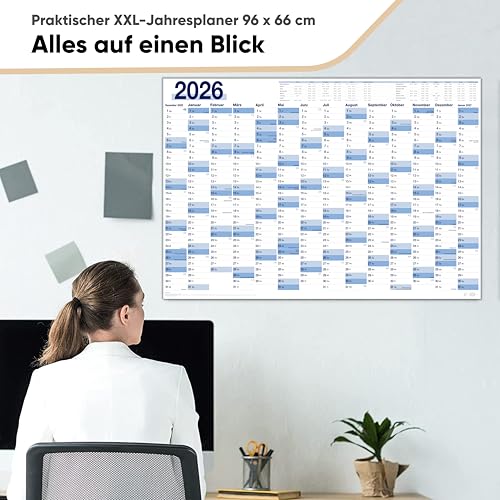 UNITURE® Wandkalender 2026 XXL – Großer Jahresplaner & Terminplaner für Büro, Schule & Familie | Übersichtlicher Jahreskalender 2026 I Wandkalender 2026 groß gefalzt I Calendar 66 x 96 cm