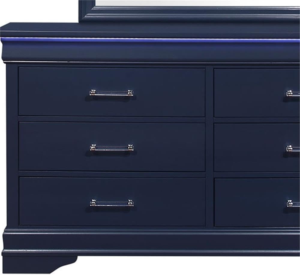 Pemberly Row Traditional Charlie Blue Wood 6-Drawer Dresser, LED Lighting, Acrylic Hardware, Metal Handles, Double Dresser, 59.29" W x 16.22" D x 33.58" H, Modern Bedroom Storage