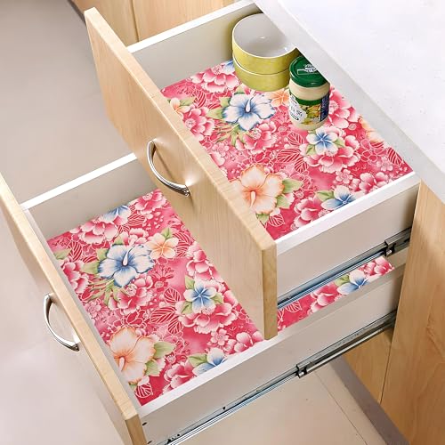 Image of Kuber Industries Pack of 3 Waterproof & Durable 5 Meters Kitchen Mats for Shelf Liner Roll | Wipeable Fridge Sheets for Shelves Cabinet Drawer | Flower Print - Red