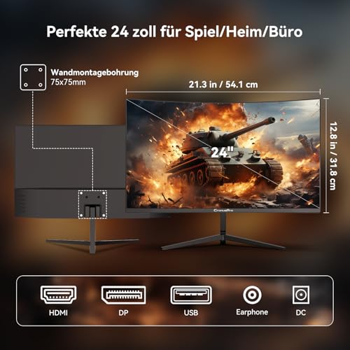 CronusPro 24 Zoll Curved Gaming Monitor, 240Hz, FHD 1920 x 1080, 1 ms MPRT, 3000R, VA Panel, 16:9, AMD FreeSync, sRGB 100 %, HDR, Eye Care, HDMI/DisplayPort, VESA Mount 75*75mm, PC Bildschirm Schwarz