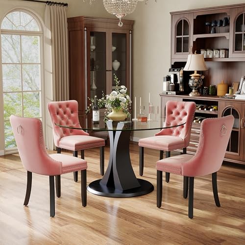 Image of 5-Piece Dining Table Set with 47In Tempered Glass Table and 4 Velvet Upholstered Chairs, Modern Scandinavian Furniture for Dining Room Kitchen(Pink)