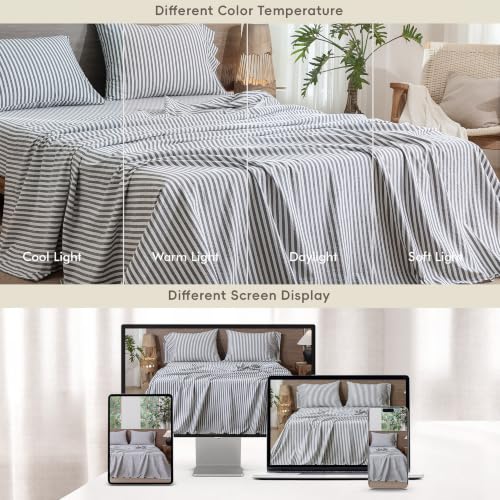 Image of MooMee Striped Sheet Set 100% Washed Cotton Linen Like King | Relaxed Linen-like Texture. Soft, Breathable & Lightweight Comfort. 15-19 inch Extra Deep Pocket with All-around Elastic
