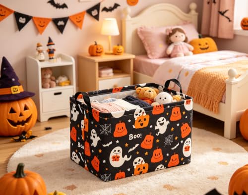 Image of Halloween Basket Cute Baskets for Kids Pumpkin Basket Rectangular Storage Bin Organizer Box Room Decor(Black Pumpkin Ghost)