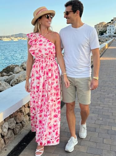 Image of ZESICA Women's 2026 Summer Floral Sleeveless Maxi Dress | One Shoulder, Sleeveless, Ruffle, High Waist, Beach Wedding Guest, Vacation, Graduation, Bridal Shower, Boho Long Dresses