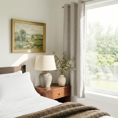 Image of NICETOWN 100% Blackout Linen Blend Beige Bedroom Curtains, Safe White Liner Composite Grommet Window Treatments Sound Dampening Home Decors for Kids Room, 2 Panels,W34 x L60