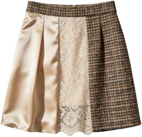 Women's Mini Skirt, Patchwork Design, Satin, Lace, and Tweed, Beige and Brown, A-Line Style