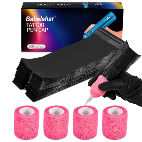 200Pcs Black Tattoo Machine Covers & 4 Pink Grip Tape 7.2 X 2.5 Inch Disposable Professional Sealable Tattoo Pen Covers Supplies and Accessories