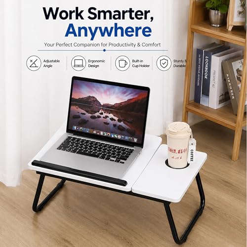 Image of Ant Esports Bravo LT200 Adjustable Foldable Laptop Table for Bed with Side Tray, Cup Holder & Stopper, Portable Work from Home Desk, Wooden Study Desk for Reading & Gaming, 56 x 32.5 x 23 cm, White