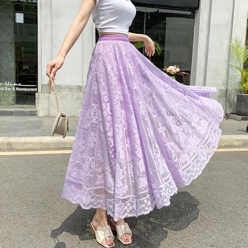 chouyatou Women's Lace Crochet Eyelet Dress Patterned Ruffle Flared Elastic Waist Flowy A Line Midi Skirt2