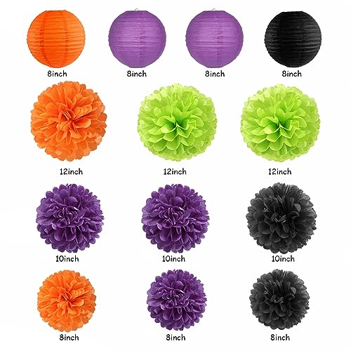 Image of Black Purple Orange-Green Halloween Party-Decorations - 20pcs Paper Lanterns Fans,Tissue Pom Poms,Honeycomb Balls,Hotel Transylvania Hocus Pocus Birthday Baby Bridal Shower Wedding Decor Burgleda