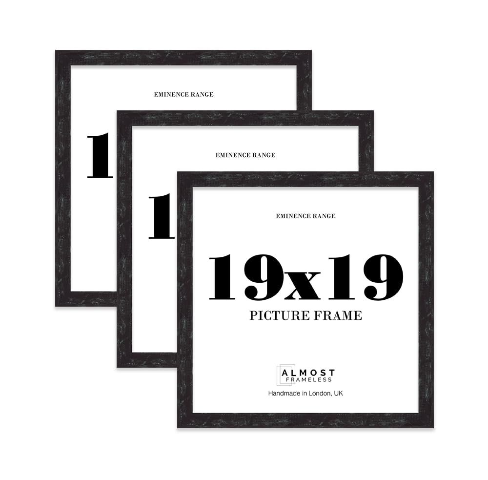19x19 Distressed Black Picture Frame - Rustic Wood Industrial Effect Photo Frame for Wall Display, Ideal for Posters, Prints & Home Décor, Wall Hooks, 32mm Edge - 3 Pack