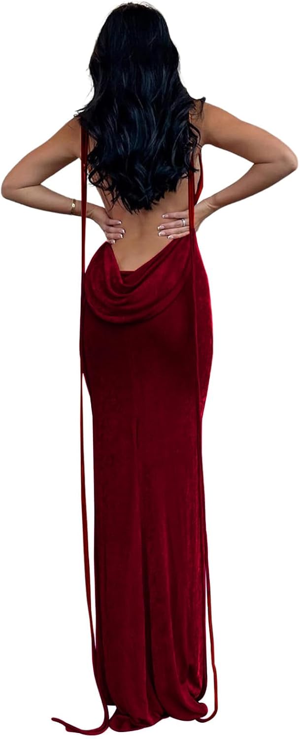 Womens Summer Backless Bodycon Dress Halter Cowl Neck Slip Spaghetti Strap Sexy Cocktail Party Maxi Dresses
