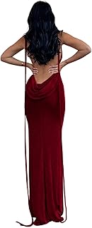 Slip Bodycon Dresses for Women Spaghetti Strap Lace Up Backless Cowl Neck Maxi Mermaid Cocktail Party Dress - Buy now