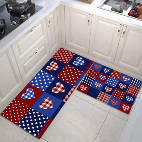 Alfombras de cocina antideslizantes azul marino de pasillo con estampado patchwork y corazones 3