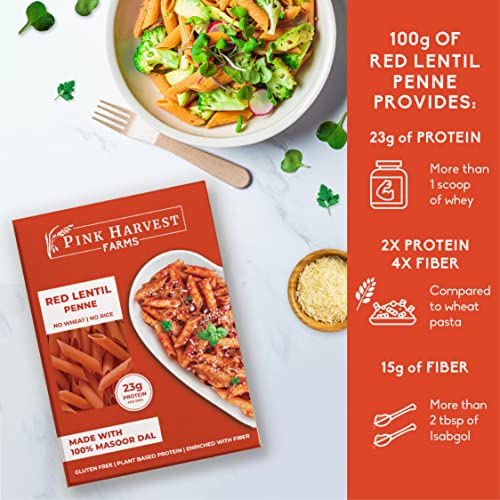 Image of Pink Harvest Farms Red Lentil Pasta | No Rice - No Maida | Vegan | Gluten Free | High Protein | (Red Lentil Penne Pasta, 200 g (Pack of 1))