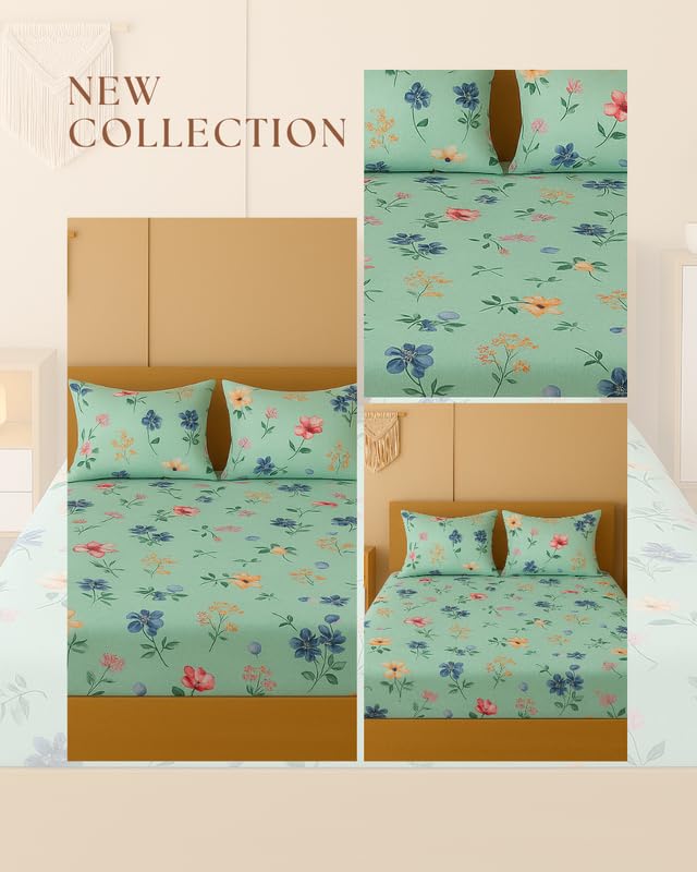 Image of NEW LEAF 320 TC Cotton All Around Elastic Fitted Printed Bedsheets King Size, Premium Fitted Bedsheets King Size for Double Bed with 2 Pillow Covers, Size- 78 inch x 72 inch Light Green