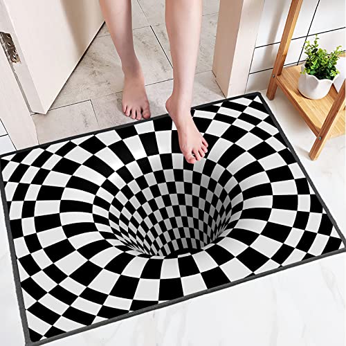 Gagnonlee 3D Vortexes Illusion Carpet Black White Plaid Square Rugs 3D Visual Optical Floor Mat For Bedroom Livingroom Home Decor Non-Slip Area Rug 24 X 16 Inch, 24'X 16'（60X40Cm） #TOP2