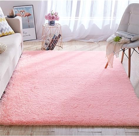 Image of AROMICK Modern Polyester Anti Slip Shaggy Fluffy Rug and Carpet for Living Room, Bedroom & Dining Room (4 x 6 Feet, Pink)