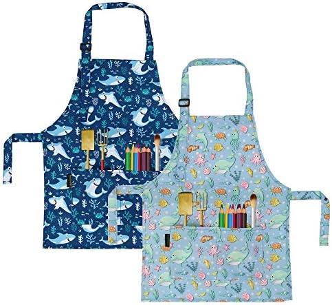 BeeGreen Kids Cooking Aprons w Adjustable Strap Kitchen Aprons w Front Pocket for Kids Toddler Painting Baking Artist