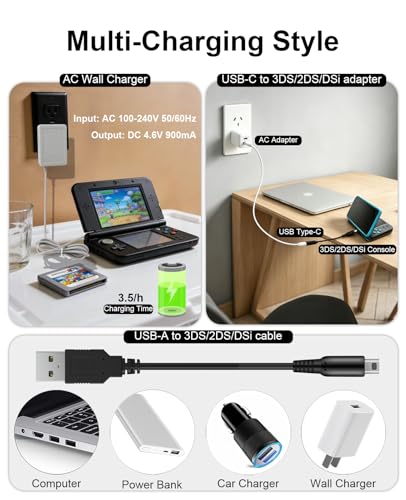 Image of 3DS Charger Set, USB-A & USB-C to 3DS /2DS /DSi Series Charging Cable Compatible with Nintendo 3DS / DSi /DSi XL / 2DS / 2DS XL /New 3DS 100-240V Wall Plug Adapter