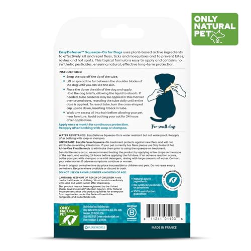Only Natural Pet EasyDefense Flea & Tick Prevention for Small Breed Dogs (up to 15 lbs) - Natural Herbal Control, Squeeze-On Drops - Protects up to 3 Months (S Sqz.)