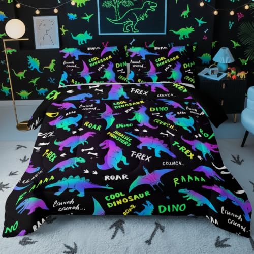 Image of QOOMO Jurassic Dinosaur Comforter Queen Size, Black Cartoon Animals Kids Bedding Set, Suitability Girs and Boys Black Decorate a Room 1 Comforter Set 2 Pillowcases