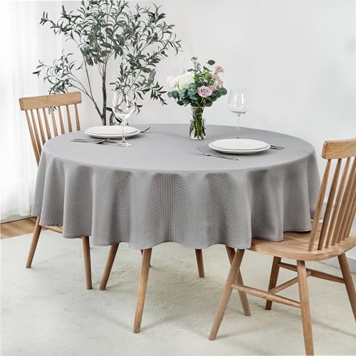 Image of maxmill Round Weaved Texture Design Tablecloth Spill-Proof Wrinkle Free Soft Washable Table Cloth for Circular Table Cover, for Dining Room Buffet Banquet Parties Holiday Dinner, 90 Inch Light Grey