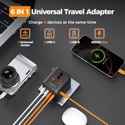 Image of TESSAN Universal Travel Adapter 28W, International Power Adapter with 5 USB Ports (3 USB C), Travel Plug Adaptor Worldwide for US to Europe UK France Germany Spain Australia (Type C G A I), Black