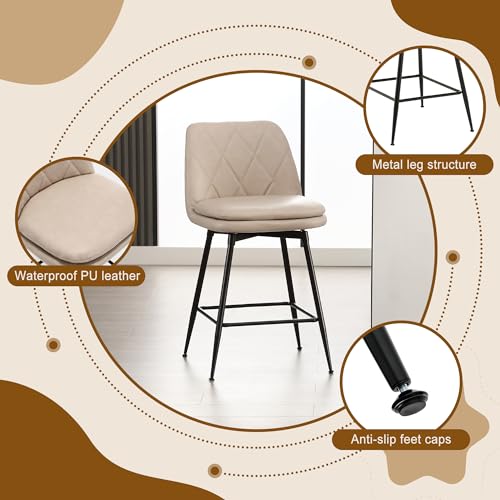 Image of Swivel Bar Stools Set of 2, Swivel Counter Height Bar Stools Set with Metal Legs and Upholstered Faux-Leather Seats, Modern Bar Stool with Back for Kitchen Island (A26 H, Beige)