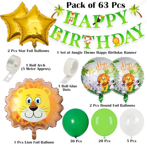 Image of Rozi Decoration Lion Theme Latex, Foil, Cardstock Happy Birthday Decoration Items for Girls, Boys, Kids Jungle Theme Birthday Decorations Set of 63 Pcs Forest Theme Birthday Decorations, Multicolor