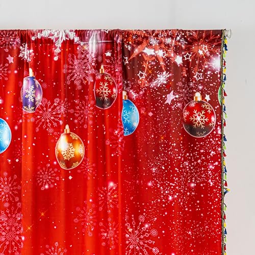 Image of Red Christmas Curtains 54 Inches Long, Santa Snowflake Light Filtering Rod Pocket Drapes with Tassel Trim for Bedroom Living Room, 2 Panels