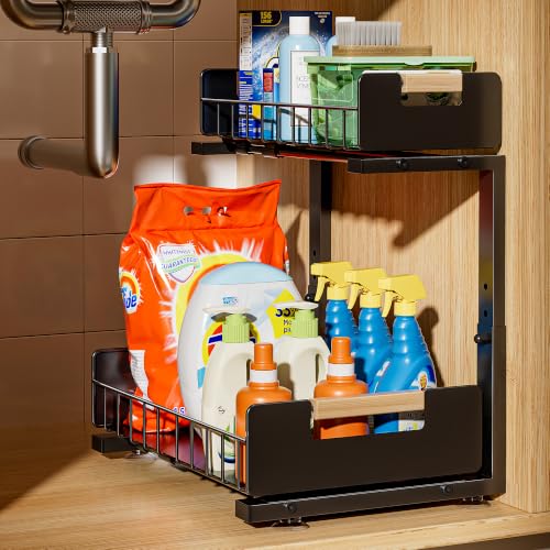 Delamu Under Sink Organizer Kitchen, 2-Tier Pull-Out Cabinet Shelf, 1-Pack | 2-Tier Smooth Slide, 5 Adjustable Heights, Anti-Tip Suction Cups, Sturdy Metal, For Kitchen Bathroom Pantry Laundry, Black