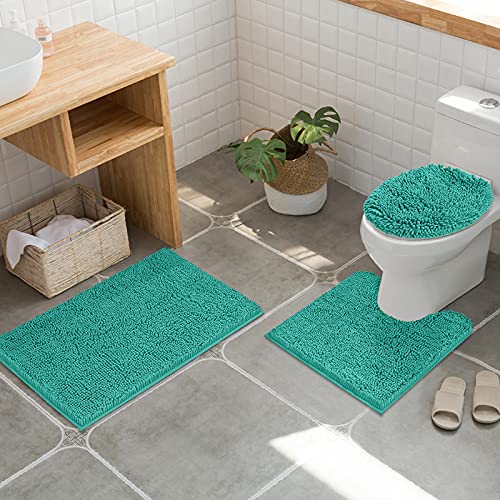 Mayshine 3Pc Non-Slip Shaggy Chenille Bathroom Mat Sets, Includes 32 X 20 Inches Bathmat, 24 X 20 Inches U-Shaped Contour Toilet Rug And Toilet Lid Cover, Machine Washable, Turquoise, 3 Item Bundle #TOP2