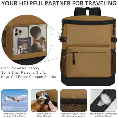 Tenot Cooler Backpack Insulated Waterproof 30 Cans, Ice Chest Backpack Cooler for Men Women Leak Proof Soft Side Camping Beach Hiking Fishing Lunch Picnic Kayaking Cooler Bag Brown