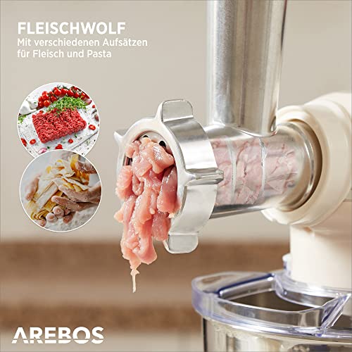 Arebos 6-in-1 Küchenmaschine 1500W Creme | Fleischwolf | Blender | Nudelmaschine | Knetmaschine mit Edelstahl-Schüssel 5… – Bild 3