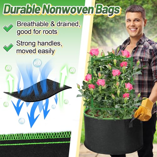 Image of ANPHSIN Sturdy Triangle Tomato Cage with Movable 7 Gal Grow Bags, 3 Sets | 47'' Plants Garden Trellis Planters, Support for Indoor Outdoor Beans, Peppers, Eggplants, Climbing Vegetables