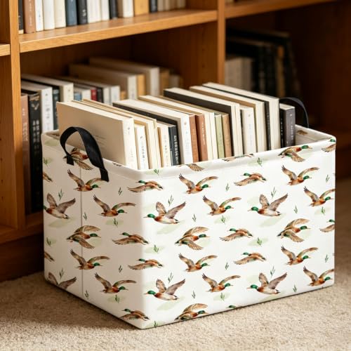 Image of Rectangle Storage Basket with Handles,Collapsible Storage Bin,Books Box,Gift Basket(Flying Mallard)