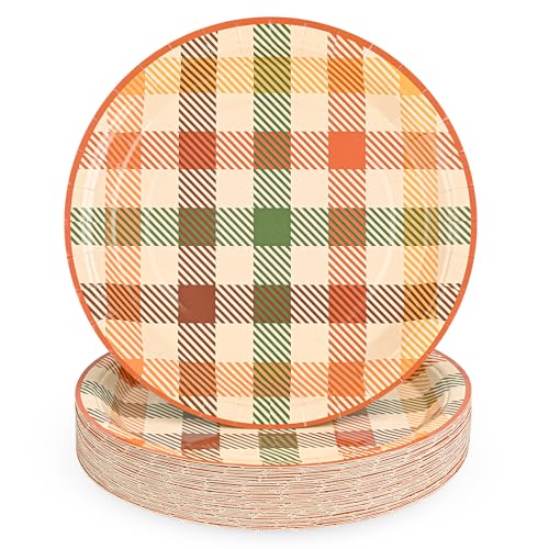 Image of 48Pcs Fall Plaid Paper Plates, Autumn Colors Party Plates