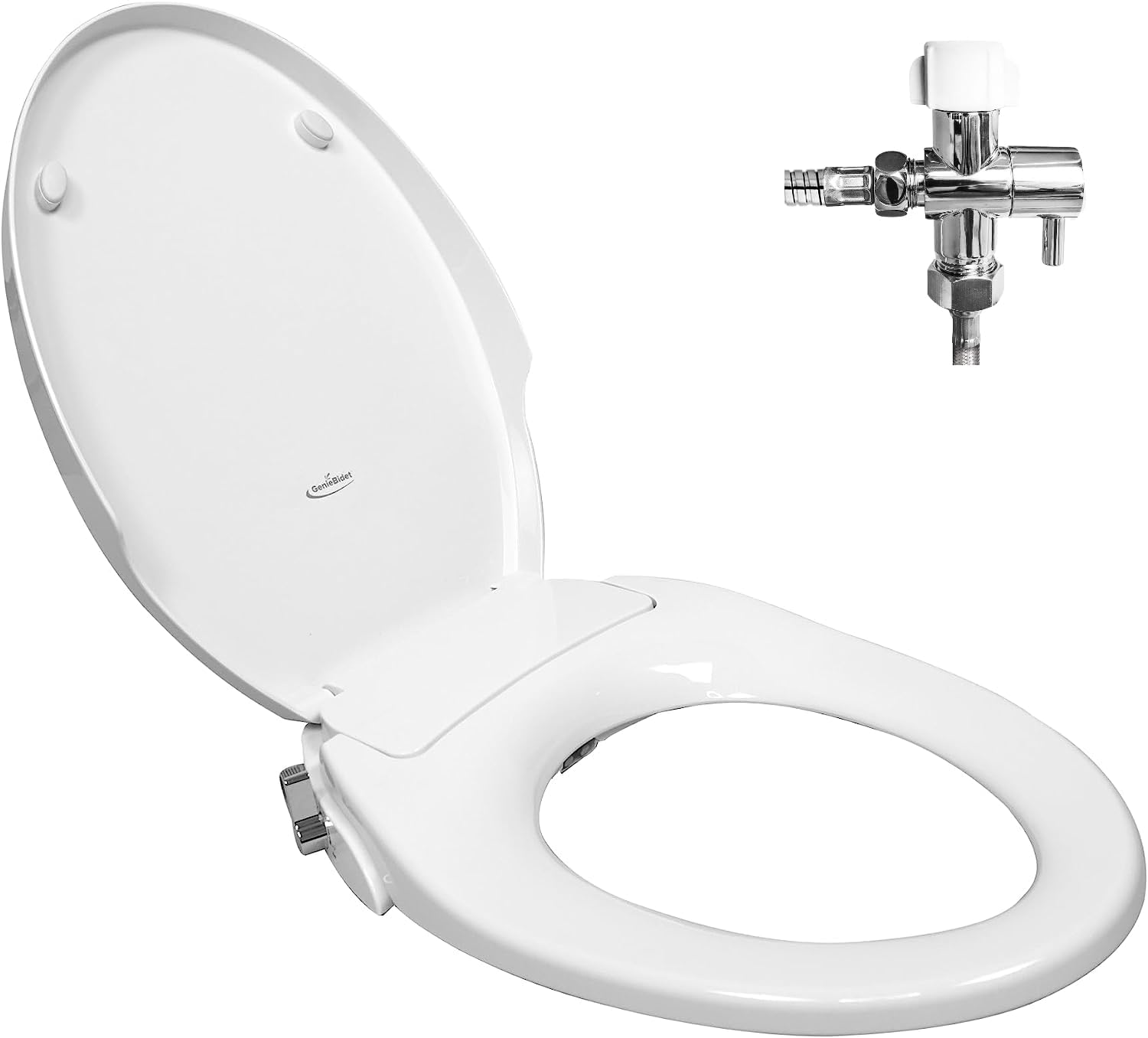 GenieBidetSeat - Self Cleaning Dual Nozzles. Rear & Feminine Cleaning - No Wiring Required. Simple 20-45 Minute Installation or Less. Hybrid T with ON/Off Included!