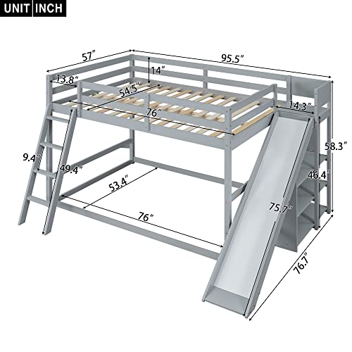 Image of Bellemave Bunk beds Full Over Full Size Slide and Stair, Low bunk Bed for Kids,Grey