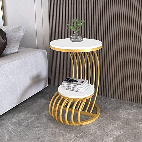 Image of End Table with Decorative Legs, in-Lay Top, Home Decor Accent Furniture -Tier Metal Coffee Table with Open Storage Shelf for Living Room (Golden White)