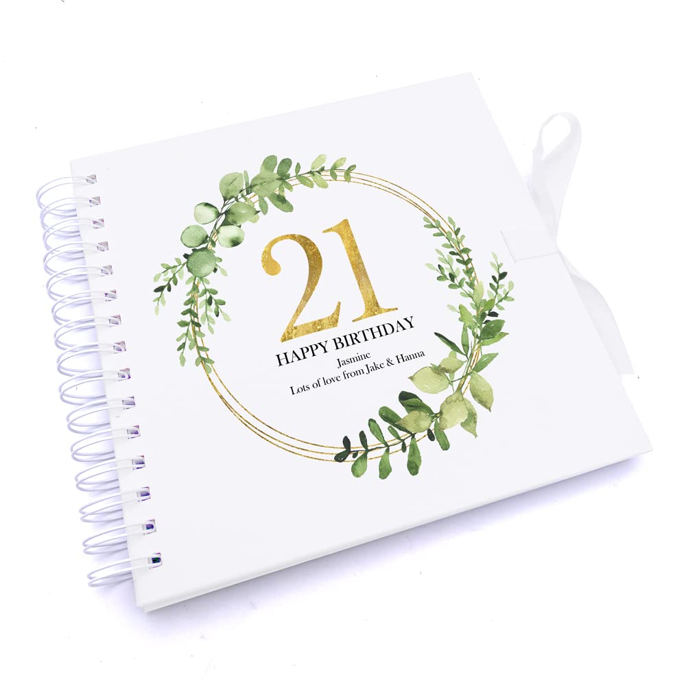 Ukgiftstoreonline White Personalised 21St Birthday Gift For Her Scrapbook Photo Album Gold Wreath Design