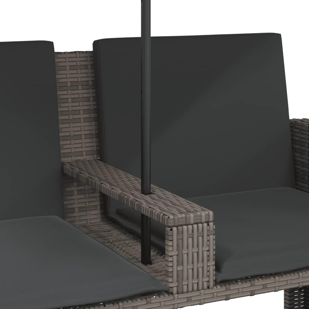Hothingwell Sofa ogrodowa 2-osobowa szara rattanowa z parasolem | Podnóżek w zestawie, zdejmowany pokrowiec, stalowa rama, kompaktowe przechowywanie