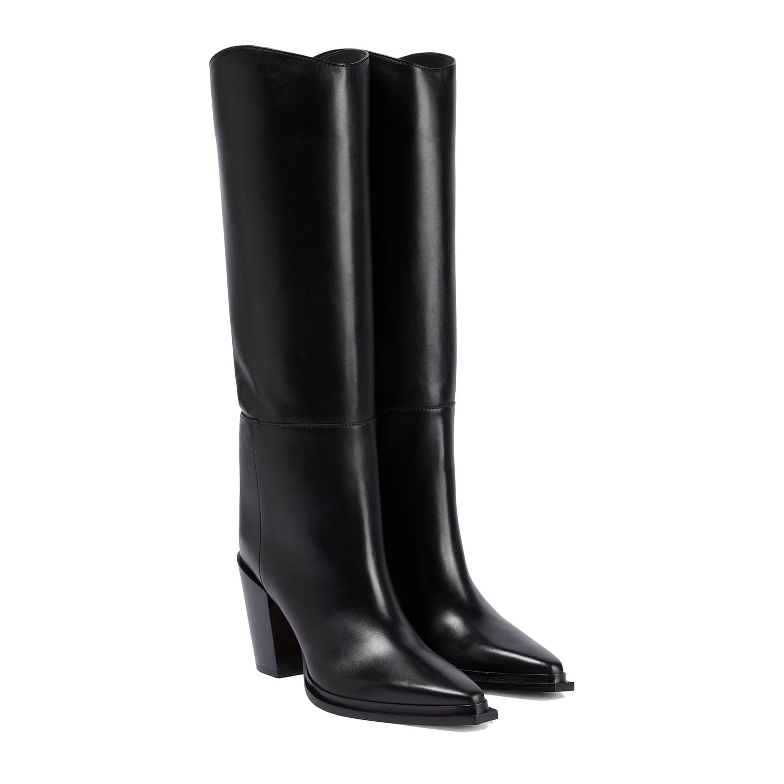 THESHY Womens Pointed Toe Leather Knee High Boots Chunky Block Heel Tall Boots Pull on Fashion Classic Dress