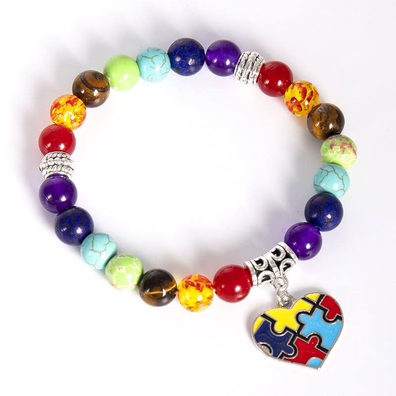 Autism Awareness 7 Chakra Beads Elastic Bracelet Colorful Beaded Love Heart Cross Ribbon Puzzle Jigsaw Charm Jewelry Gift for Autism Teacher Autistic Population2