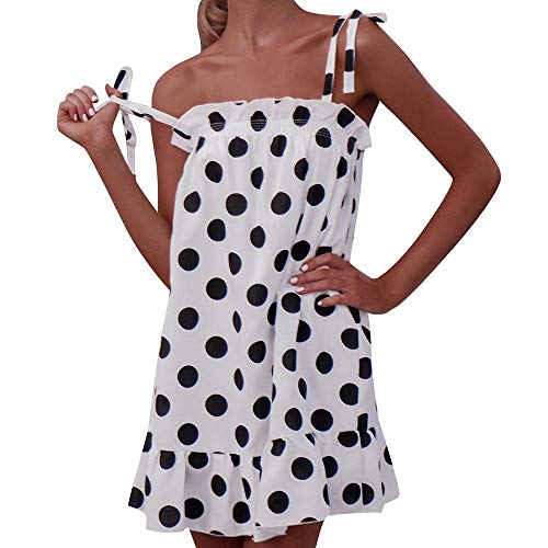 JUTREE Womens Summer Dot Printing Off-Shoulder Mini Dress Charming Temperament Princess Dress(M,White)