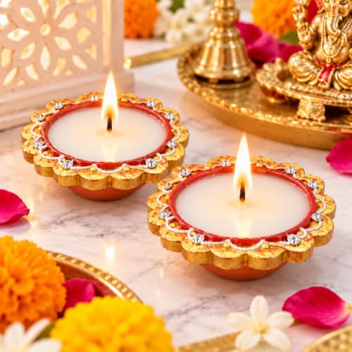 Image of DIVAYANSHI Terracotta Diya with Wax Filled | Traditional Mitti Diya for Diwali Puja & Home Decoration | Ready-to-Light Earthen Oil Lamp for Festive Decor | Pack of- 2