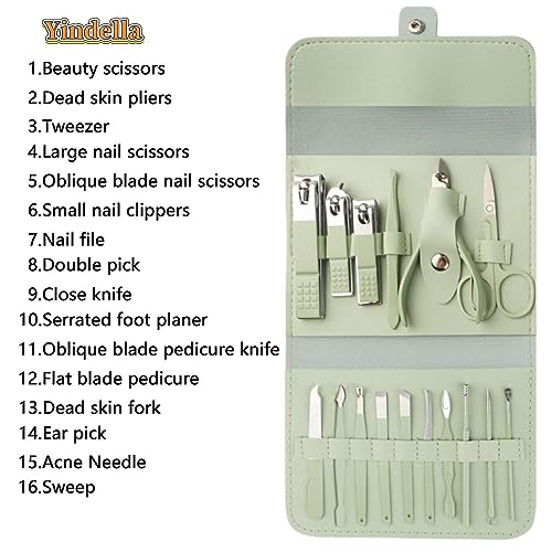 Yindella 16 pcs Stainless Steel Nail Care Tools Pink Manicure Set Professional Nail Clippers Pedicure Kit 1 Grooming Kit with Luxurious Travel Leather Case for Men Women (Green) - Image 2