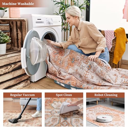 Vintage 8x10 Washable Area Rug, Low-Profile Large Area Rug with Non-Slip Backing & Durable Edge Binding, Pet-Friendly Carpet, Large Rug for Living Room, Bedroom, Dinning Room